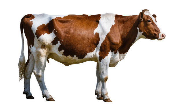 Brown and white spotted cow standing profile view