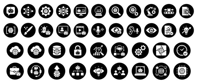 Set of black and white circular artificial intelligence and machine learning featuring robots, neural networks, data, and digital tools