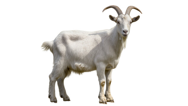 White goat with horns and beard standing