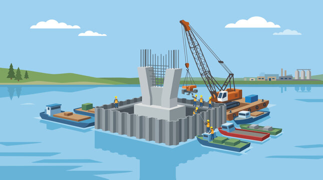 Construction of a bridge over water.