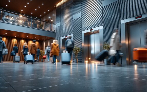 Busy hotel lobby with guests during check-in period captured in motion