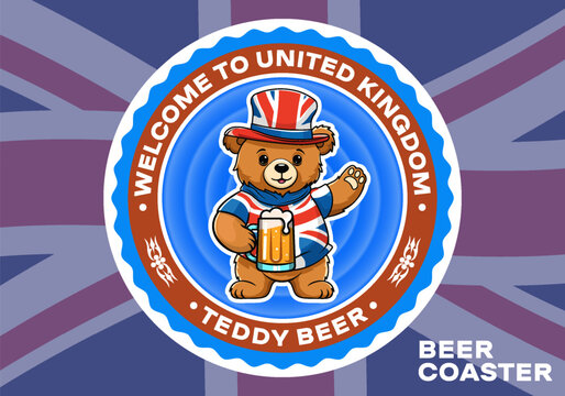 Vector beery coaster. Cute cartoon teddy bear, hat and clothes in colors of British flag. Toon toy animal holding mug of beer. Alcoholic, invigorating drink. Welcome to United Kingdom. Great Britain