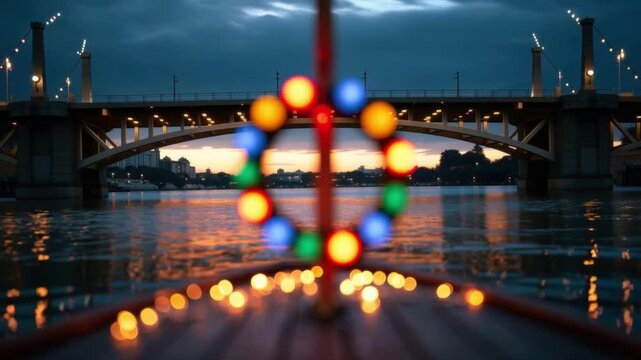 Decorative circular light arrangement with colorful glowing bulbs on wooden deck in evening with blurry bridge and water background reflecting light