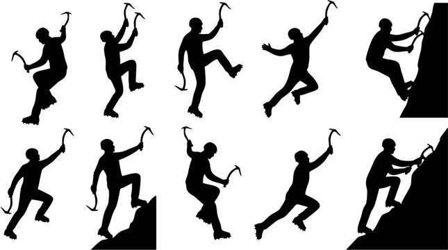 Silhouettes of ice climbers using axes to scale mountain walls, showing extreme winter sports and mountaineering action poses