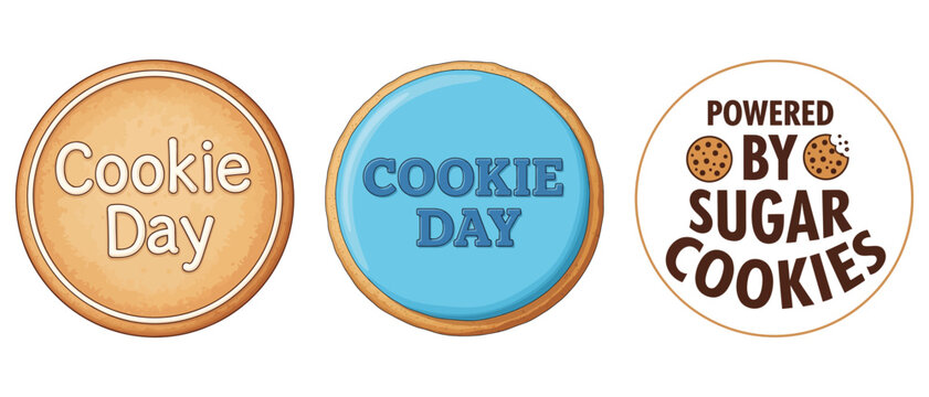 Set of three round cookie illustrations with text cookie day and powered by sugar cookies vector t shirt