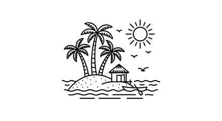 Obraz premium Serene tropical island paradise landscape vector image featuring palm trees ocean waves small beach hut canoe and a bright shining sun