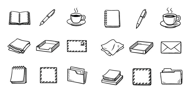 Office and stationery design icons with notebook, pen and coffee cup for presentation design in hand drawn style