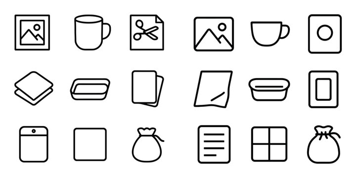 Office and organization vector icons with picture frame, cup, scissors for presentation layout design in outline style