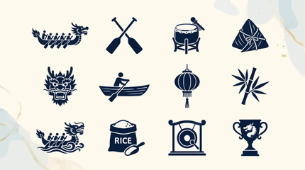 Collection of Dark Blue Silhouette Icons for Dragon Boat Festival: Dragon Boat, Oars, Drum, Zongzi, Dragon Head, Rowboat, Lantern, Bamboo, Rice Bag, Gong, Trophy © titin