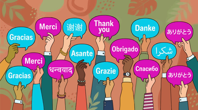 Diverse Hands Holding Speech Bubbles with 'Thank You' in Multiple Languages, Flat Vector Illustration, Global Communication Concept, Colorful Background with Abstract Shapes