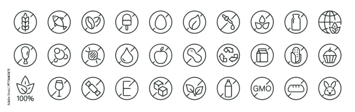 Set of dietary restriction and allergen free food icons in a clean linear circle style