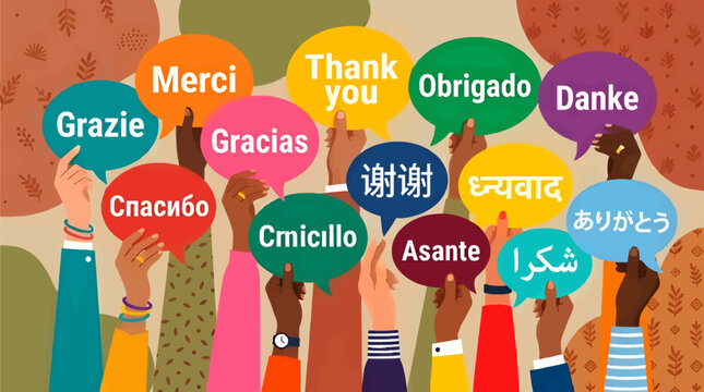 Diverse Hands Holding Speech Bubbles with "Thank You" in Multiple Languages, Flat Vector Illustration of Global Communication and Appreciation