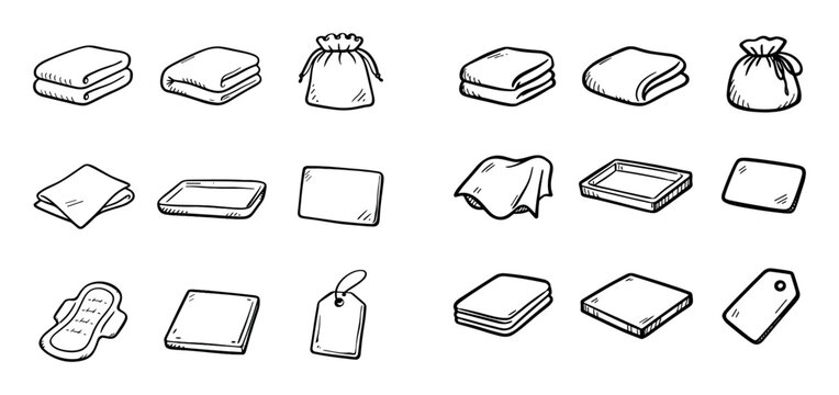 Hygiene and packaging concept icons with towels, drawstring bag and soap dish for branding use in hand drawn illustration style