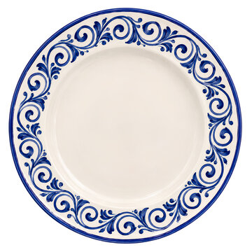 Ukrainian decorative majolica plate with painted cobalt blue spiral ribbon border, glossy folk ceramic isolated on white background
