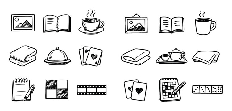 Leisure and hobby design icons with coffee cup, playing cards and film for presentation design in hand drawn style