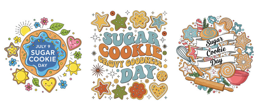 Set of sugar cookie day illustrations with cute cookies, text, and baking tools vector t shirt