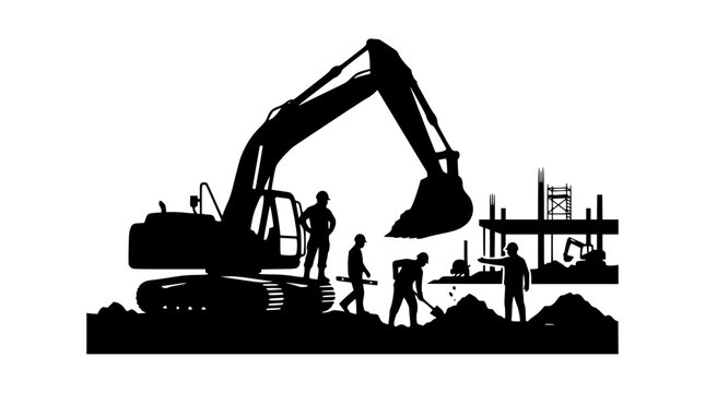Construction Site Silhouette with Excavator and Workers