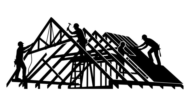 Silhouettes of construction workers building a wooden house roof frame