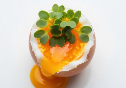 Microgreens growing in a cracked eggshell on white background