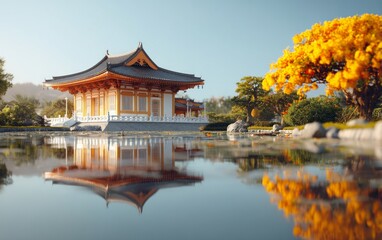 Obraz premium Traditional Temple Structure Surrounded by Peaceful Natural Landscape