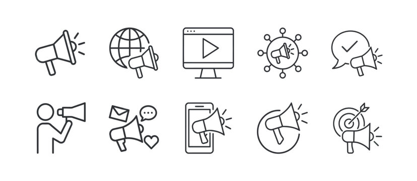 Professional marketing and advertising line icon set for modern business strategies