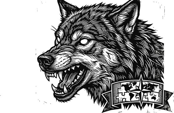 Artistic: Angry snarling wolf tattoo design with world map and compass graphic