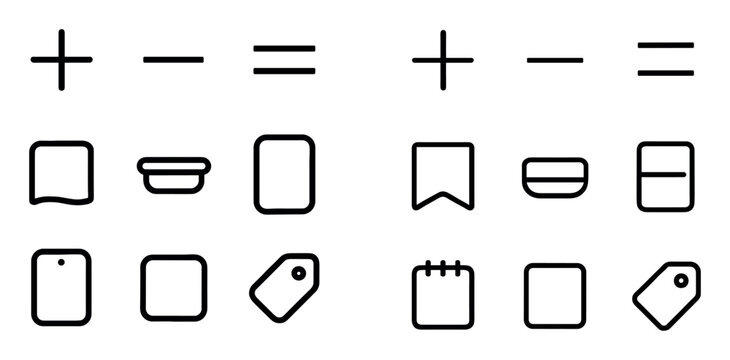Basic and minimal UI elements icon set with plus, minus and tag for web application design in outline style