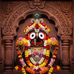 Fototapeta premium Detailed illustration of Lord Jagannath idol decorated with vibrant flower garlands inside a beautifully carved stone temple arch.