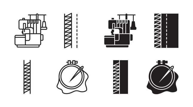 Sewing equipment icon set including embroidery hoops and serger machines with embroidery stitches tailoring equipment