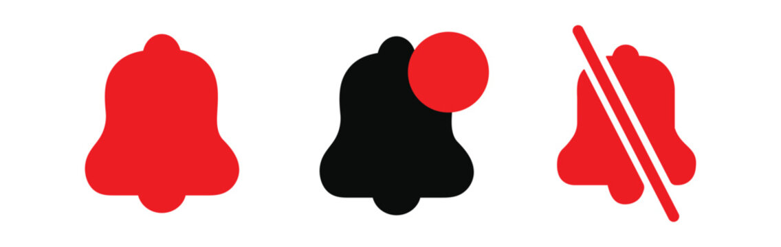 Notification bell icon set, mute, outline and solid alert symbols vector illustration.
