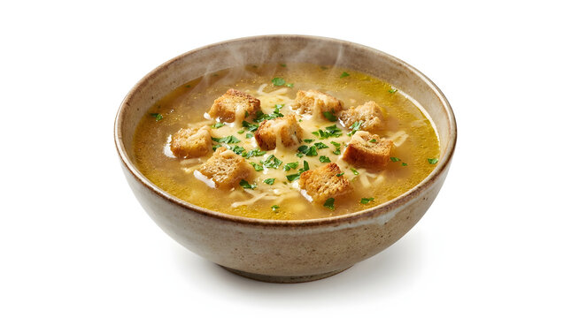 Czech Česnečka garlic soup with crispy croutons and melted cheese, isolated on a pure white background for microstock