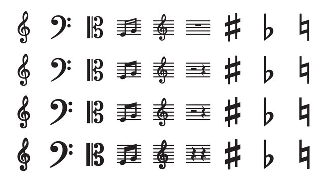 Repeating pattern of musical notation symbols like clefs notes sharps flats with g clef f clef notation repeating