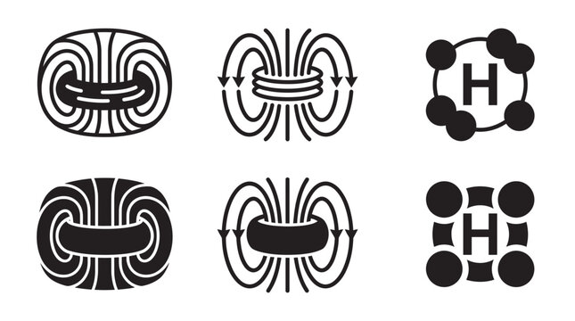 Electromagnetic field and fusion reactor icons featuring toroidal containment and hydrogen atom symbols, magnetic