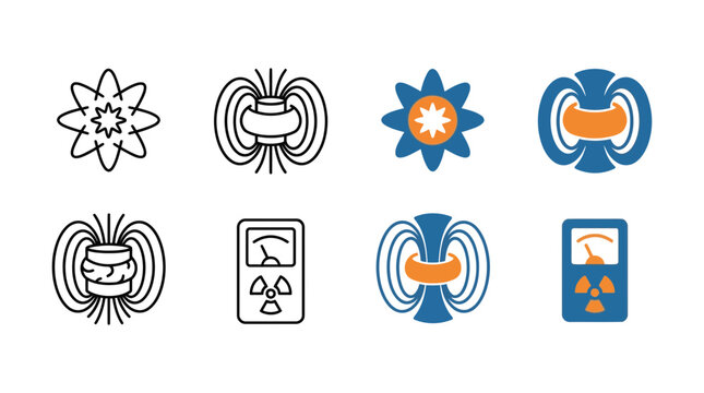 Scientific research icons showing fusion reaction magnetic flux containment radiation monitoring devices magnetic