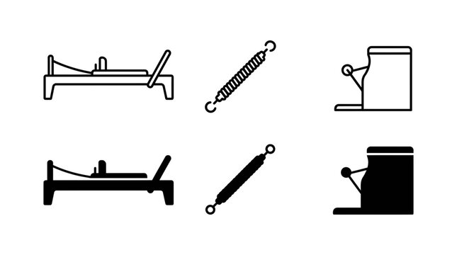 Pilates fitness equipment and exercise gear icon collection with equipment exercise reformer training wellness