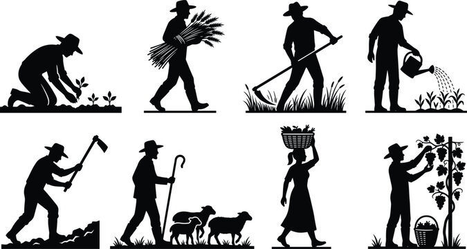 Farmers and Agricultural Workers Silhouette Set with Harvesting Planting Watering and Livestock Herding Scene Graphics