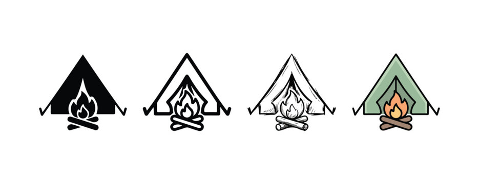 camping tent icons with campfire inside  various styles and colors