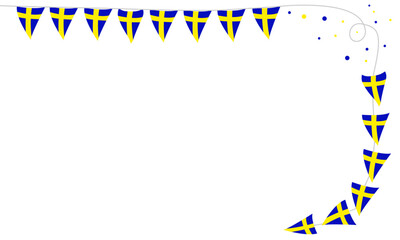 Fototapeta premium Swedish flag corner frame with bunting, confetti and copy space. Festive Sweden national day and midsommar celebration concept for invitation and poster design