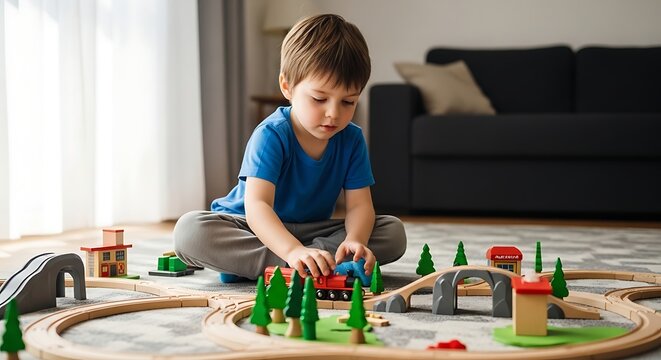 Young child playing with toy train set on living room floor