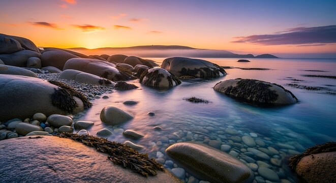 Serene rocky shoreline at sunset with calm waters and vibrant sky colors reflecting on wet stones