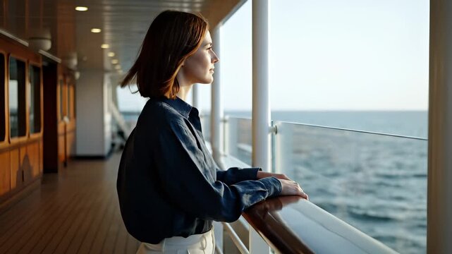 Woman stands on cruise ship deck watching ocean. Passenger enjoys sea view from ship balcony. Woman traveler on cruise deck looking at ocean. Ship passenger relaxes watching sea. Cruise vacation