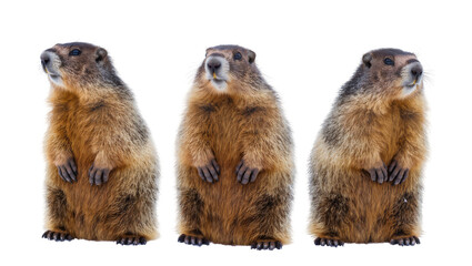 Three marmots standing upright on white © Lyra
