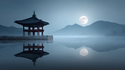 Obraz premium Traditional oriental korean pavilion built on a peaceful lake with a perfect symmetric water reflection under a giant luminous full moon and misty mountain landscape panorama during night