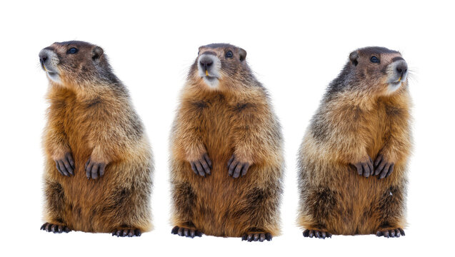 Three marmots standing upright on white