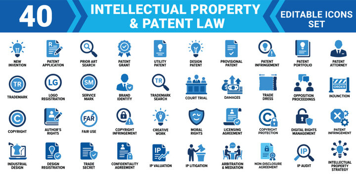 Intellectual property patent law icon set 40 editable vector illustrations for legal documents and presentations