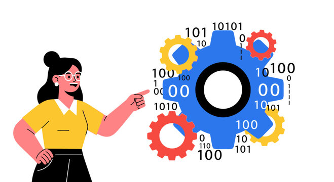 Woman pointing at a large blue gear with binary code and colorful mechanical components