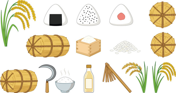 Japanese Rice Harvest and Food Vector Set with Onigiri Straw Bales Paddy Stalks and Agriculture Tools for Traditional Designs