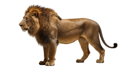 Majestic male lion with full mane standing profile view © Lyra