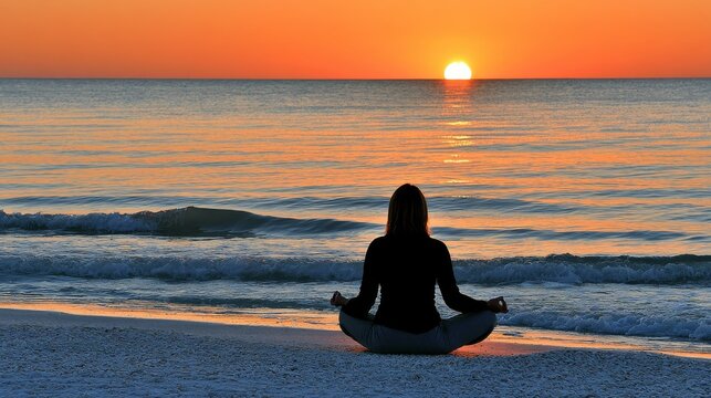 Person Meditating On Beach At Sunset Variant Two