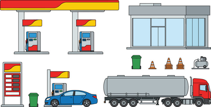 Gas Station Vector Set with Fuel Pumps Convenience Store Tanker Truck Sedan Car Price Sign and Traffic Cones